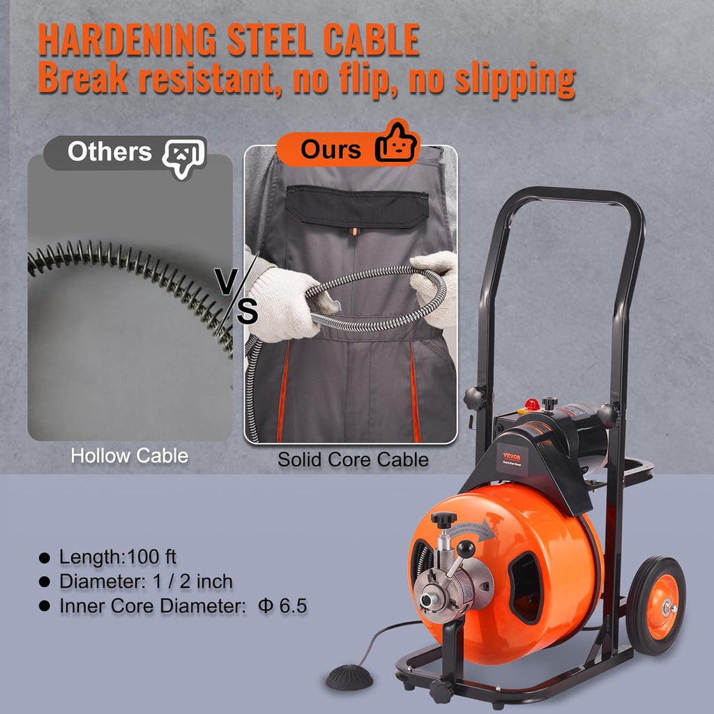 2025 Drain Cleaner Machine 100FT x 1/2Inch, Auto Feed Sewer Snake Auger with 4 Cutter & Air-activated Foot Switch for 1 to 4 Pipes, Orange, Black