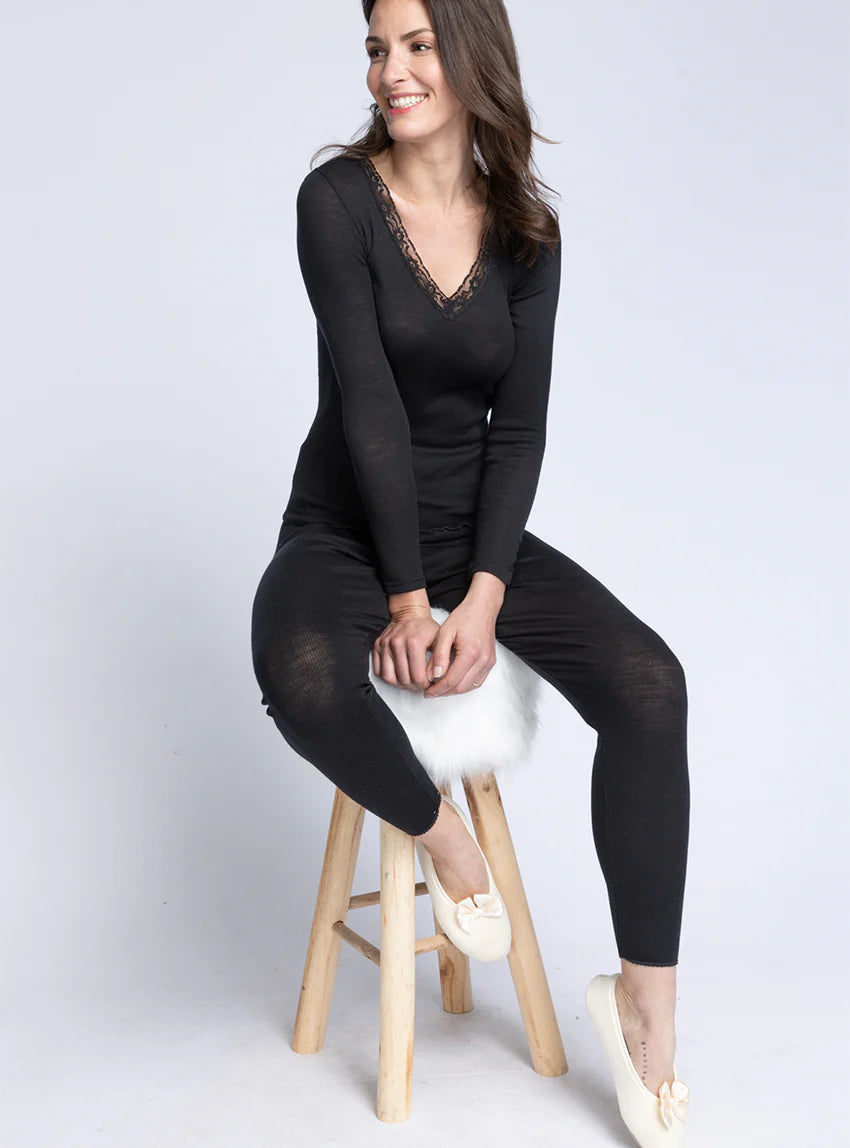 Caleçon long femme laine et soie noir