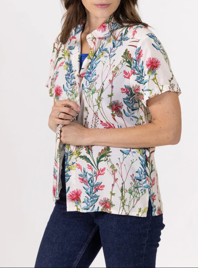 Chemisier femme en viscose imprimé herbier bleu