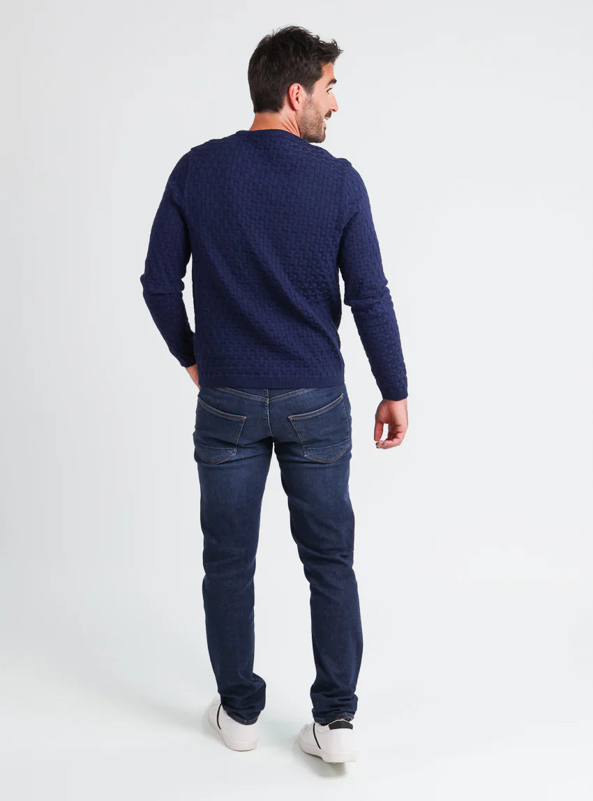 Pull homme damier en laine bleu amiral