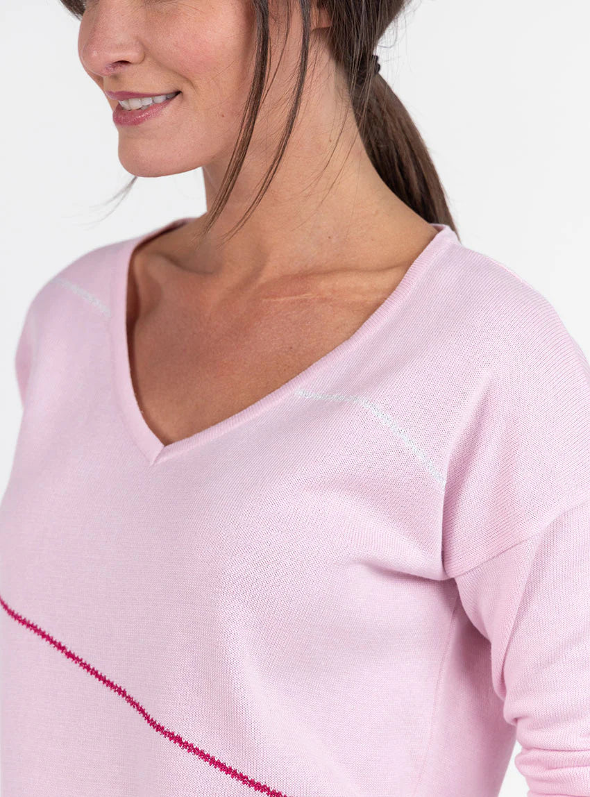 Pull femme col V en coton rose