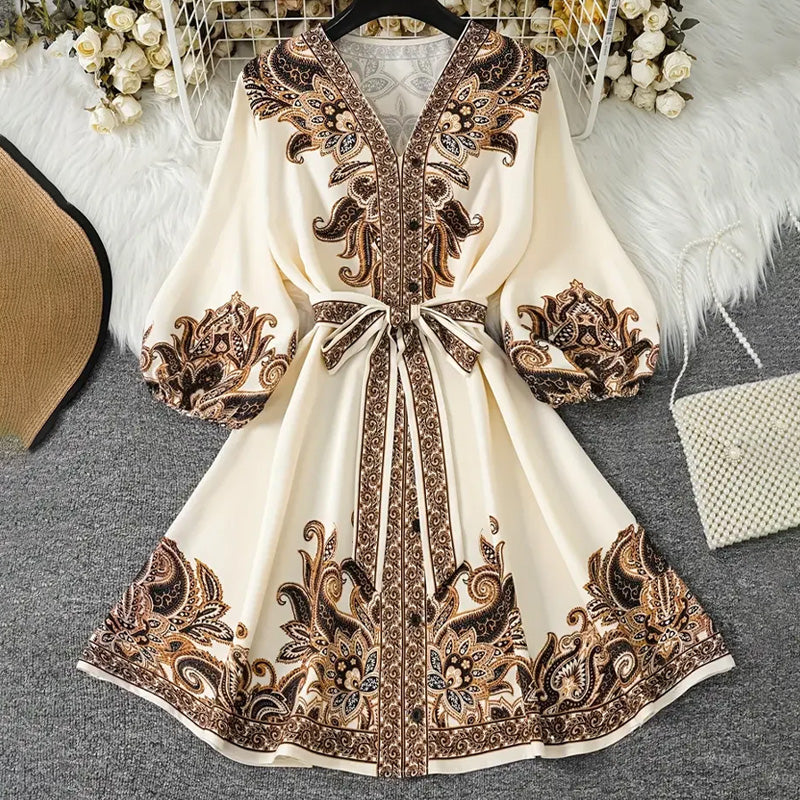 Robe imprimée à col en V pour femmes avec ceinture à nouer et taille ajustable