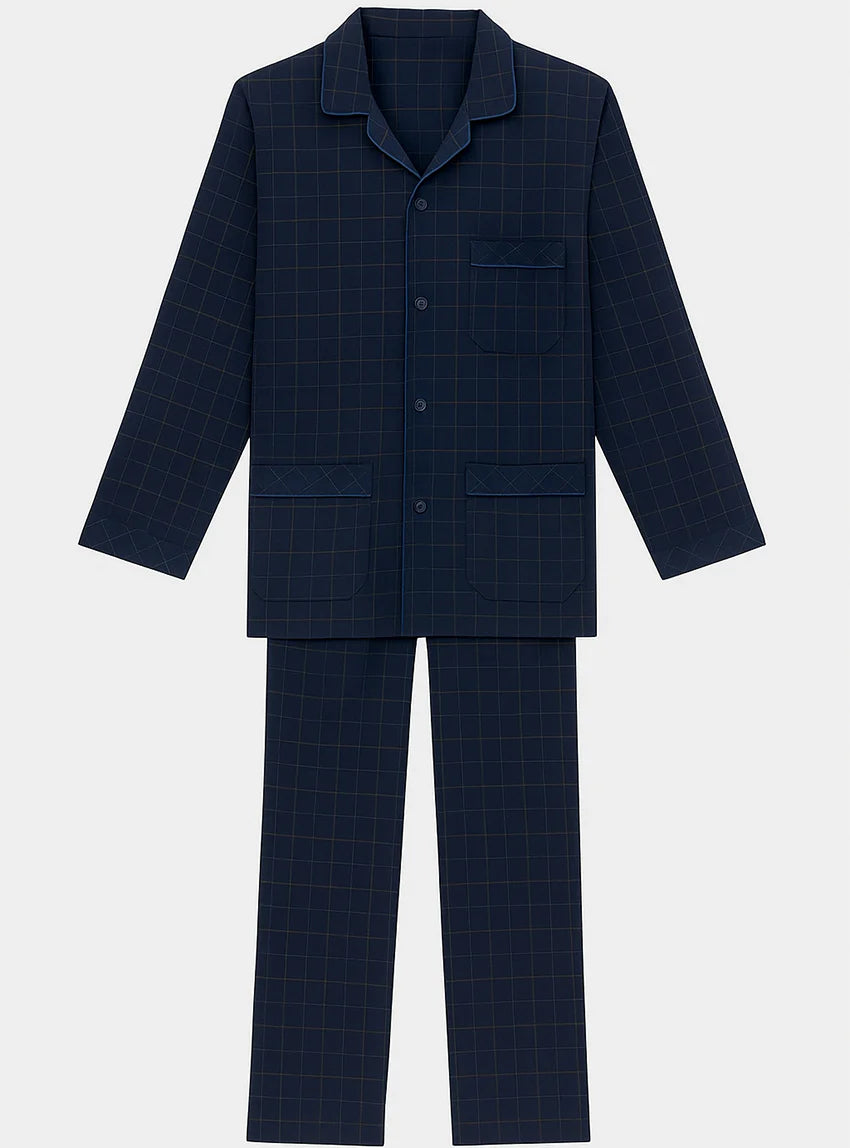 Pyjama chaud homme en coton carreaux bleu nuit