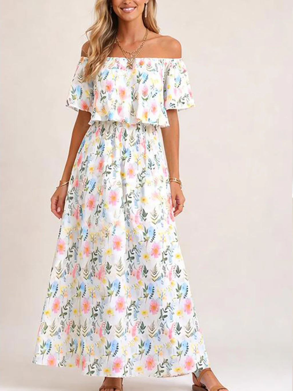 Robe maxi d'été florale pour femme à épaules dénudées