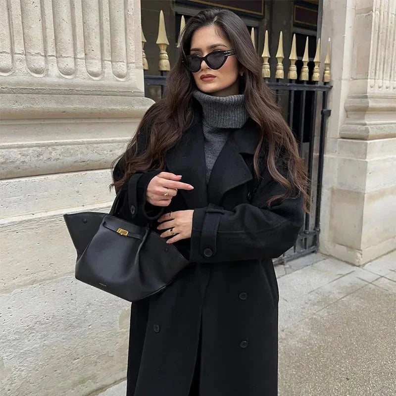 Manteau maxi ceinturé réversible avec col à revers