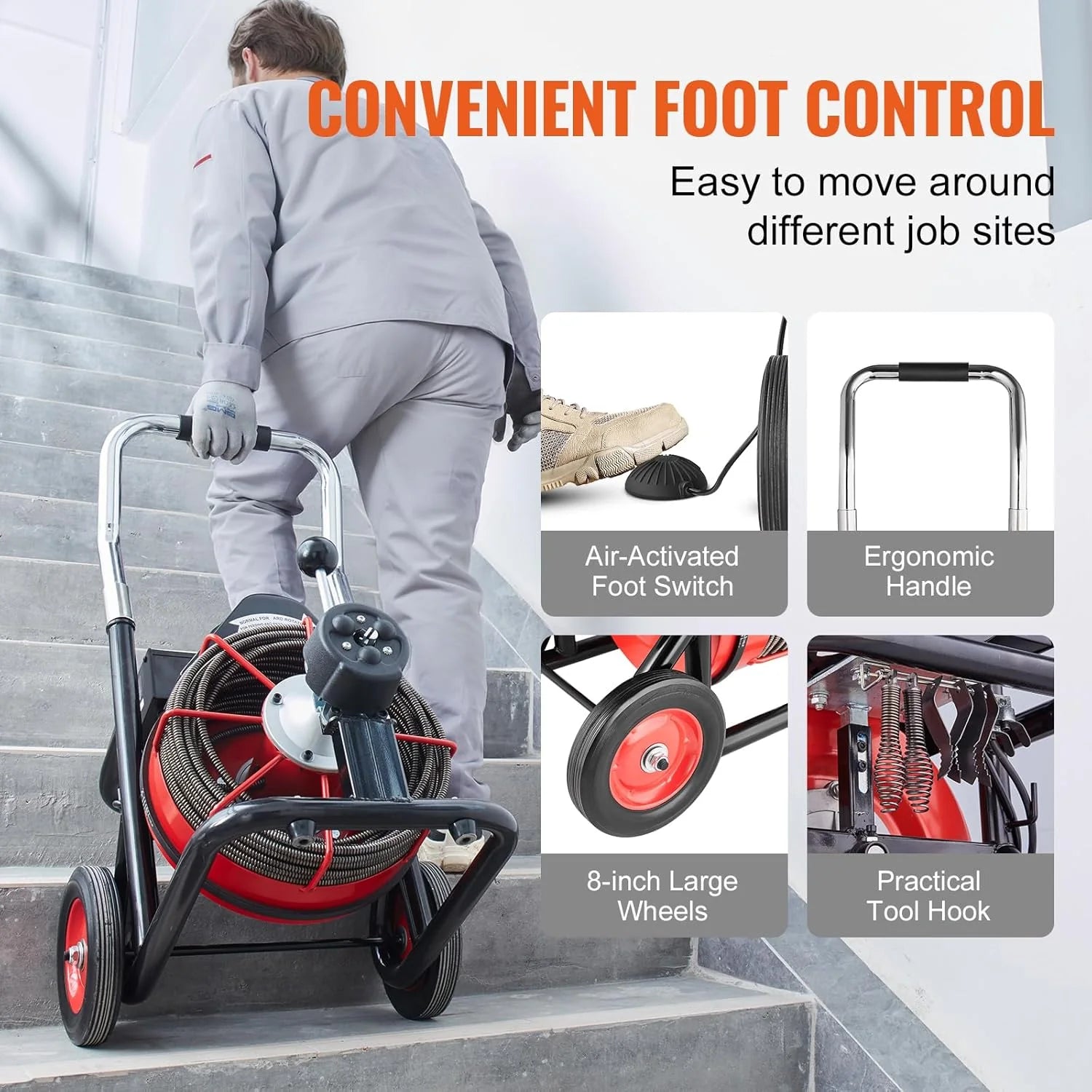 Drain Cleaner Machine 100FT x 1/2 Inch, Auto Feed Sewer Snake Auger on Wheels, 550W Portable Drain Cleaning Machine with 8 Cutters & Air-activated Foot Switch for 2 to 4 Pipes