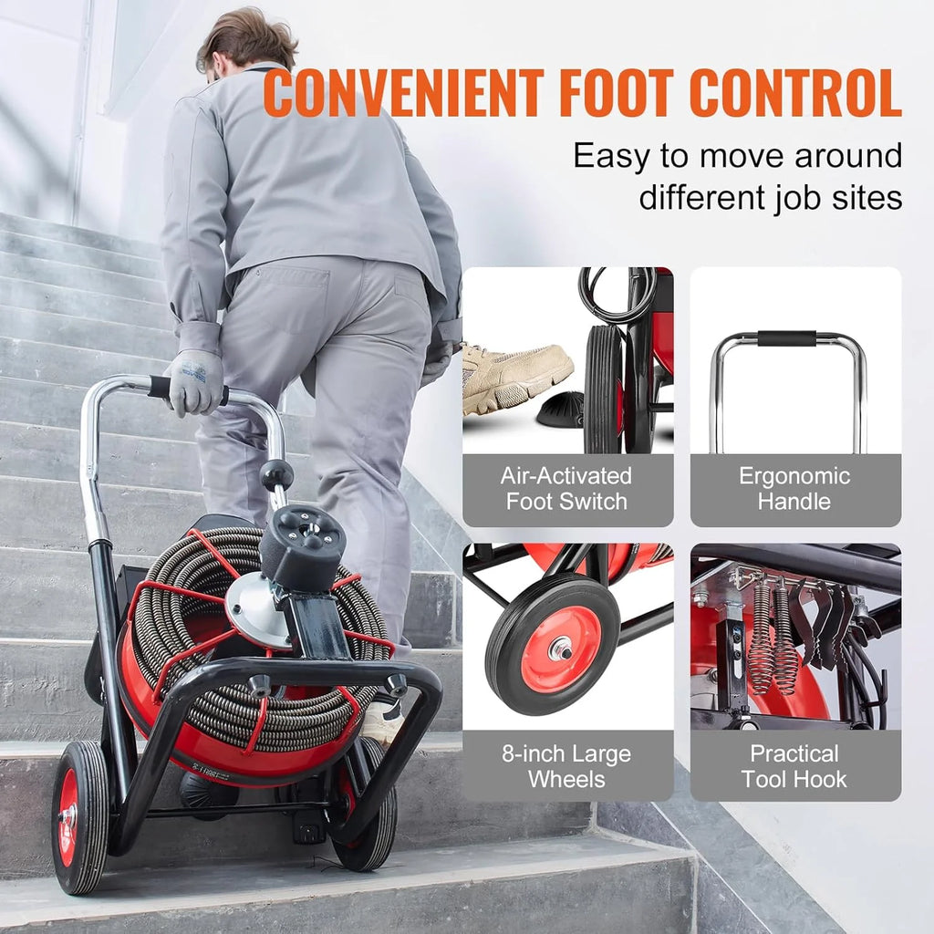 Drain Cleaner Machine 100FT x 1/2 Inch, Auto Feed Sewer Snake Auger on Wheels, 550W Portable Drain Cleaning Machine with 8 Cutters & Air-activated Foot Switch for 2 to 4 Pipes