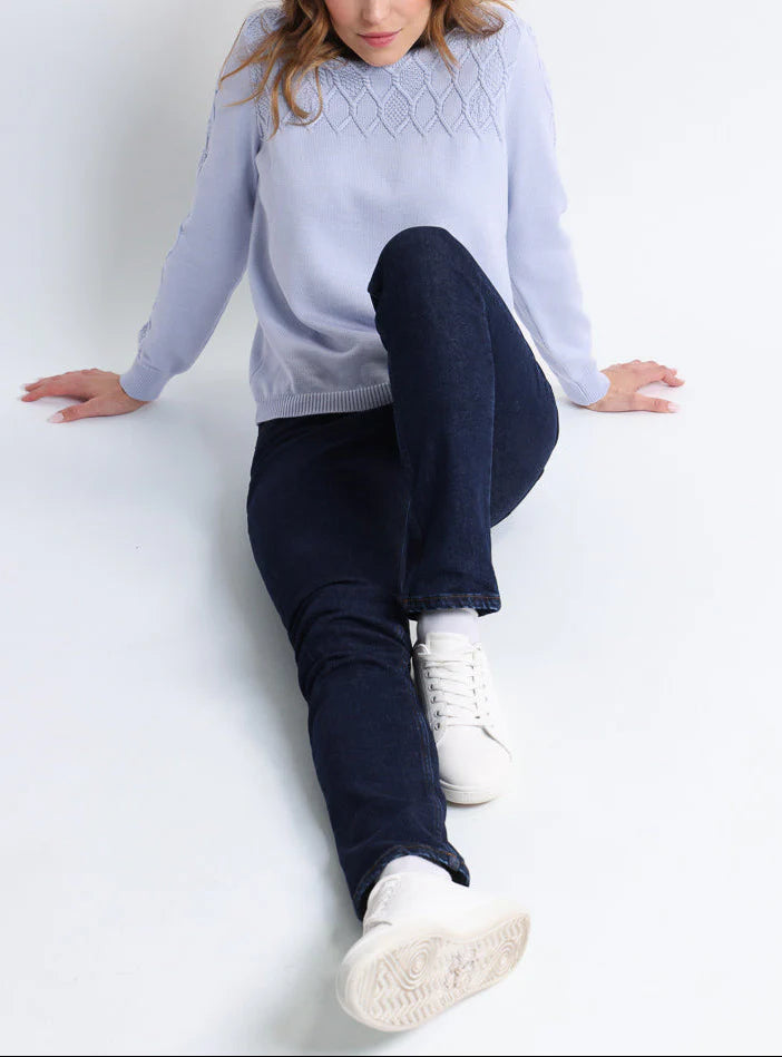 Pull femme laine mérinos torsades bleu