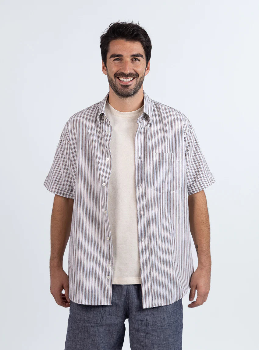 Chemise estivale homme coton rayé marron