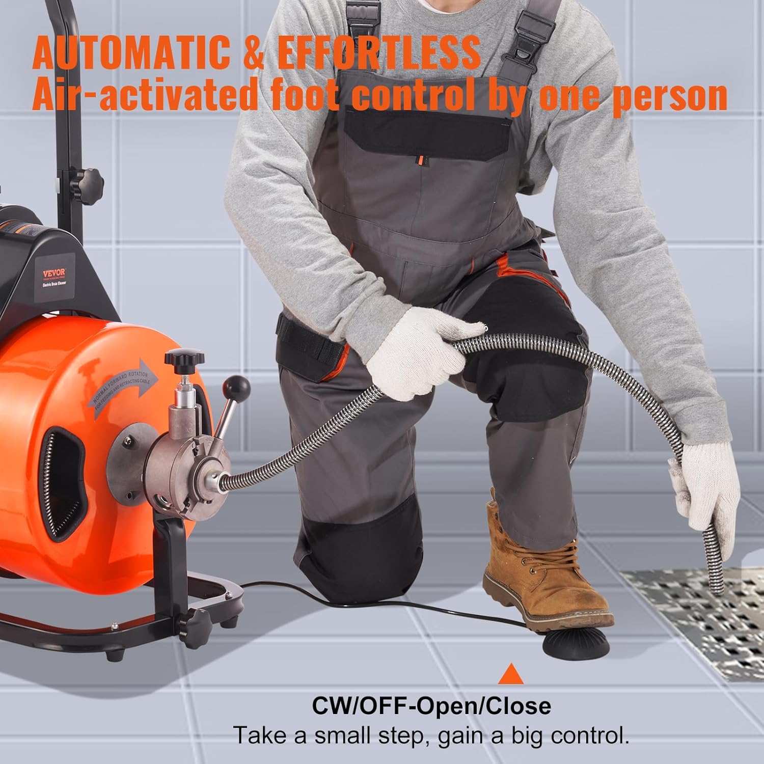 2025 Drain Cleaner Machine 100FT x 1/2Inch, Auto Feed Sewer Snake Auger with 4 Cutter & Air-activated Foot Switch for 1 to 4 Pipes, Orange, Black