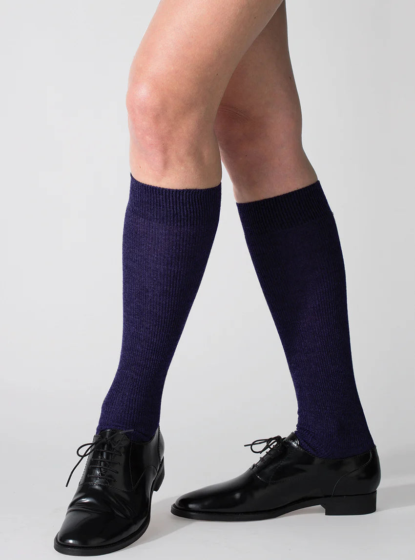 Chaussettes hautes mixte en pure laine bleu marine