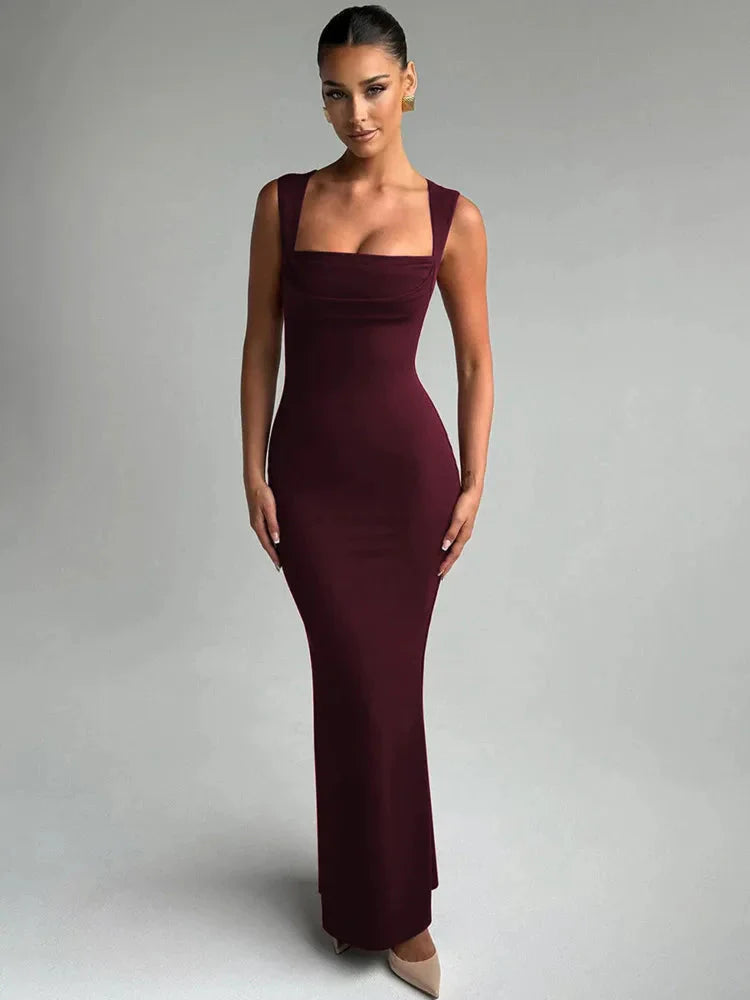 Robe Maxi Moulante Col Carré Robe de Soirée Sculptante
