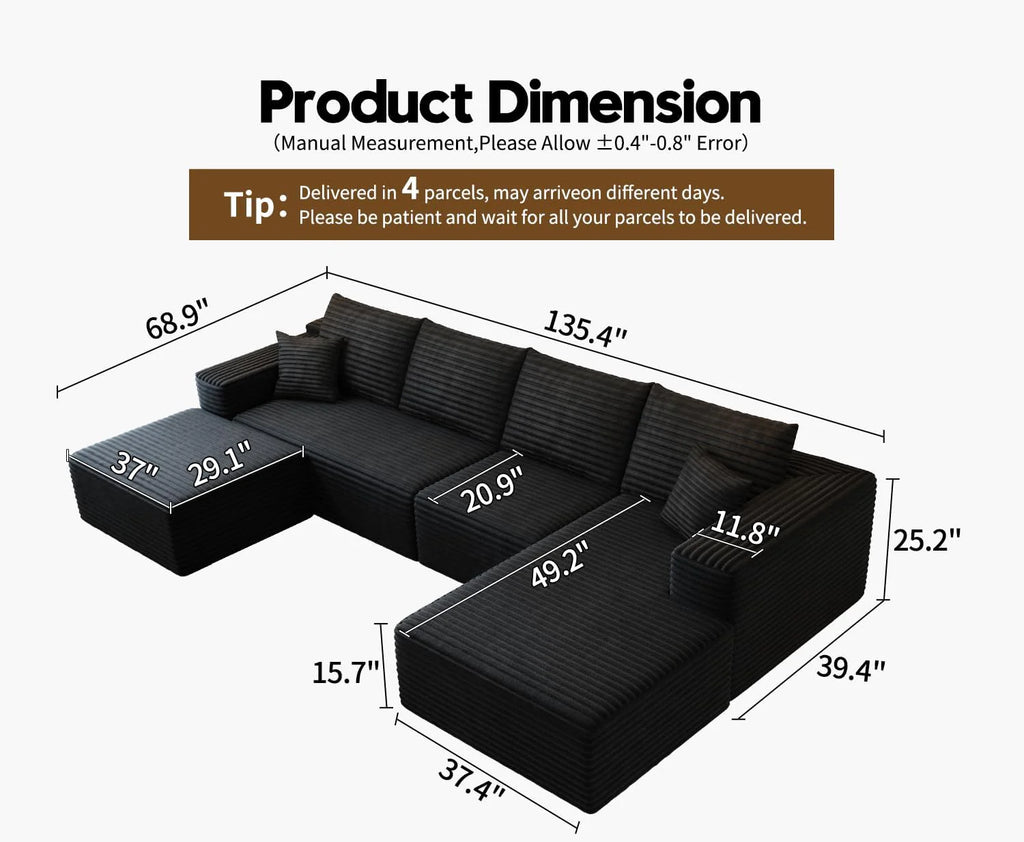 107.5 Cloud Modular Sectional Sofa Couch with L-Shape Chaise,Modern Minimalist Upholstered Couches for Living Room Bedroom,Deep Seat Corner Couch，No Assembly Required (Black,Left Facing Chaise)