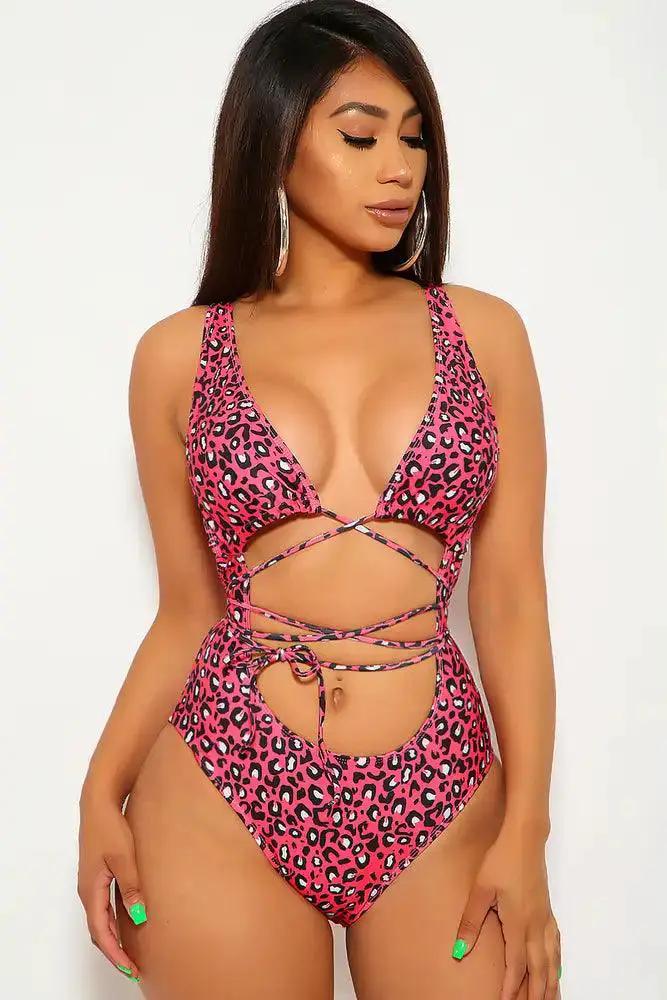 Coral Leopard Print Strappy One Piece Swimsuit