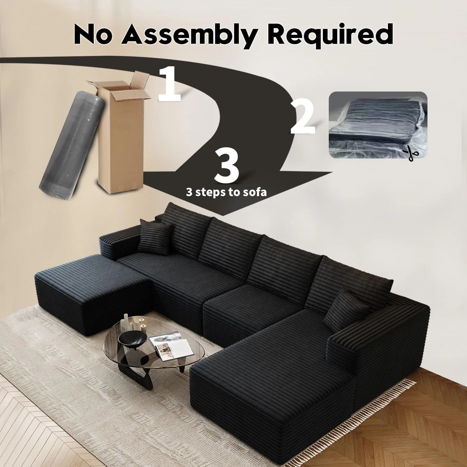 107.5 Cloud Modular Sectional Sofa Couch with L-Shape Chaise,Modern Minimalist Upholstered Couches for Living Room Bedroom,Deep Seat Corner Couch，No Assembly Required (Black,Left Facing Chaise)