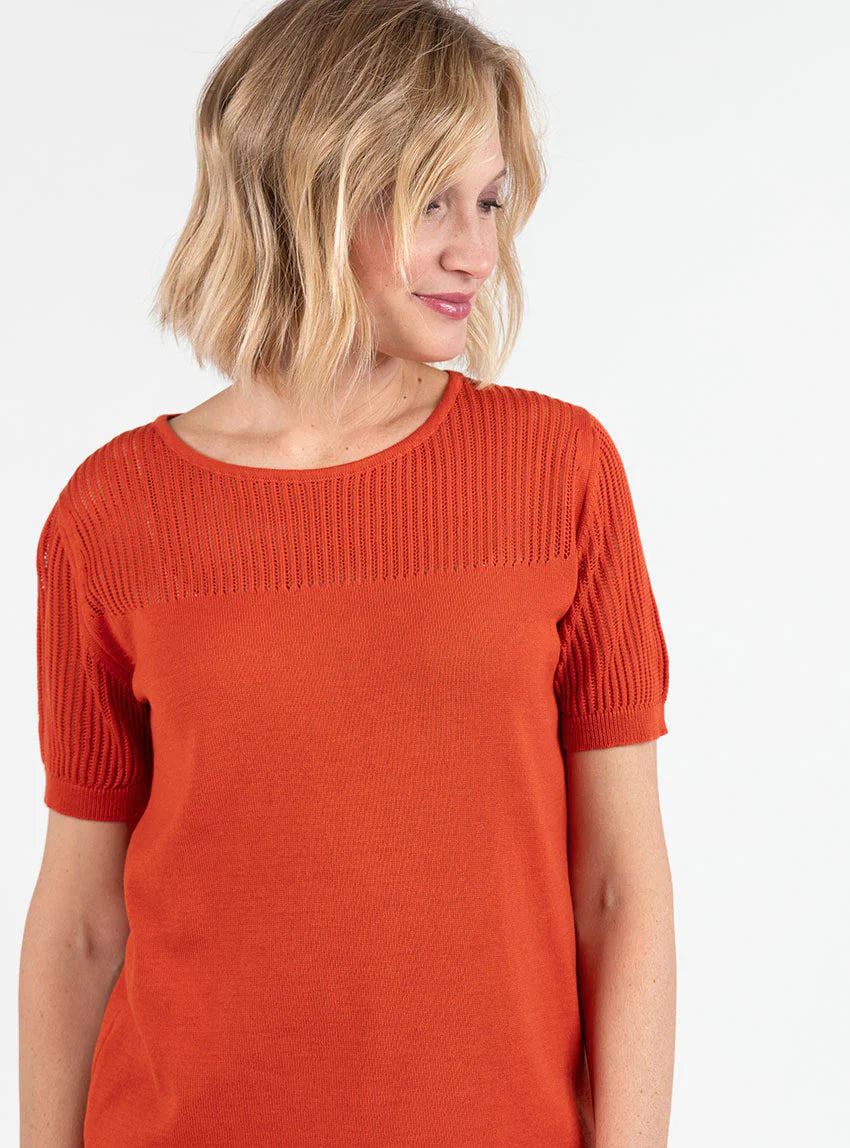 Pull femme manches courtes coton orange terracotta