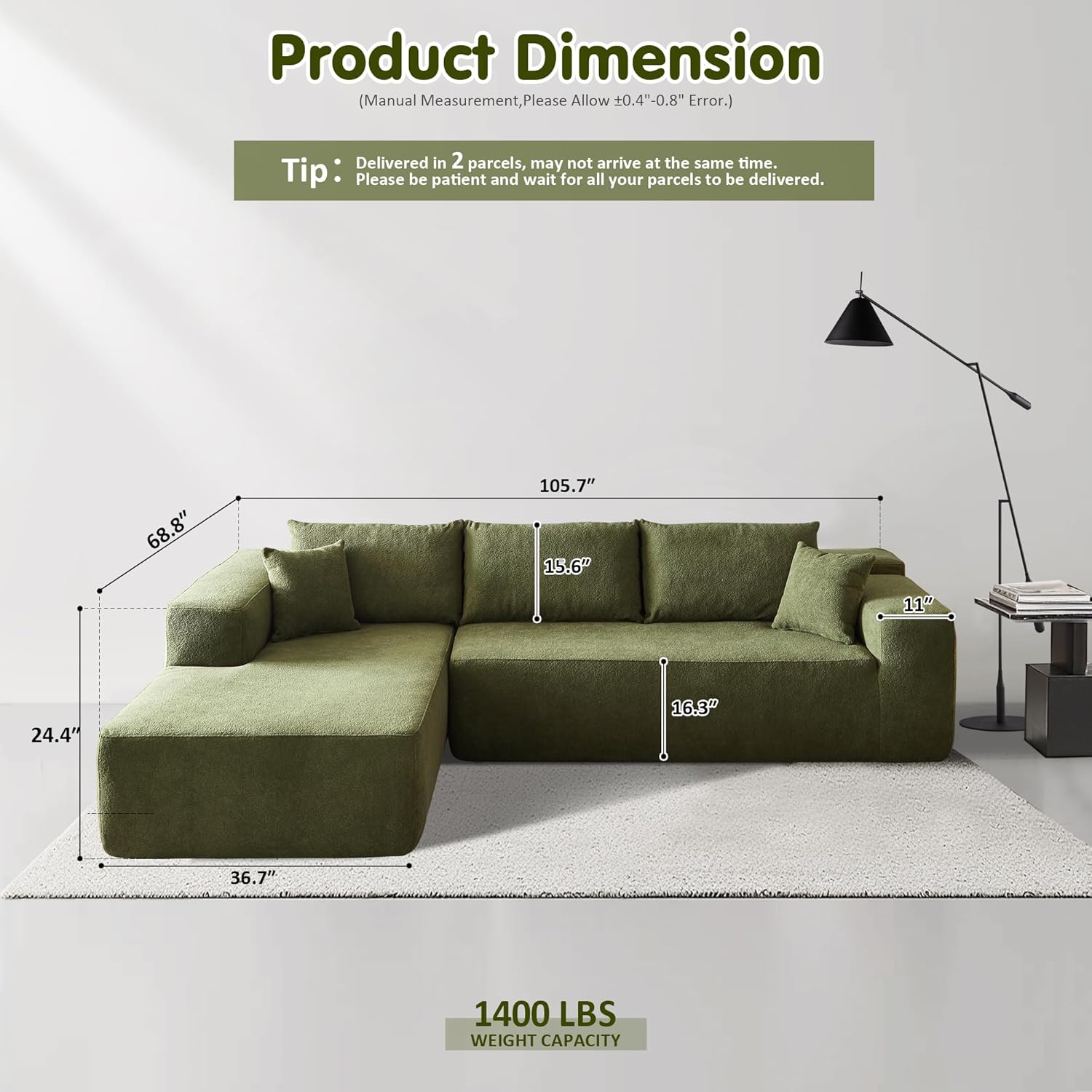 ovios 104 Cloud Sectional Couch with L-Shape Chaise,Modern Modular Sofa with Deep Seat, Upholstered Couches for Living Room Bedroom,No Assembly Required, Grey (Plush Corduroy Fabric)