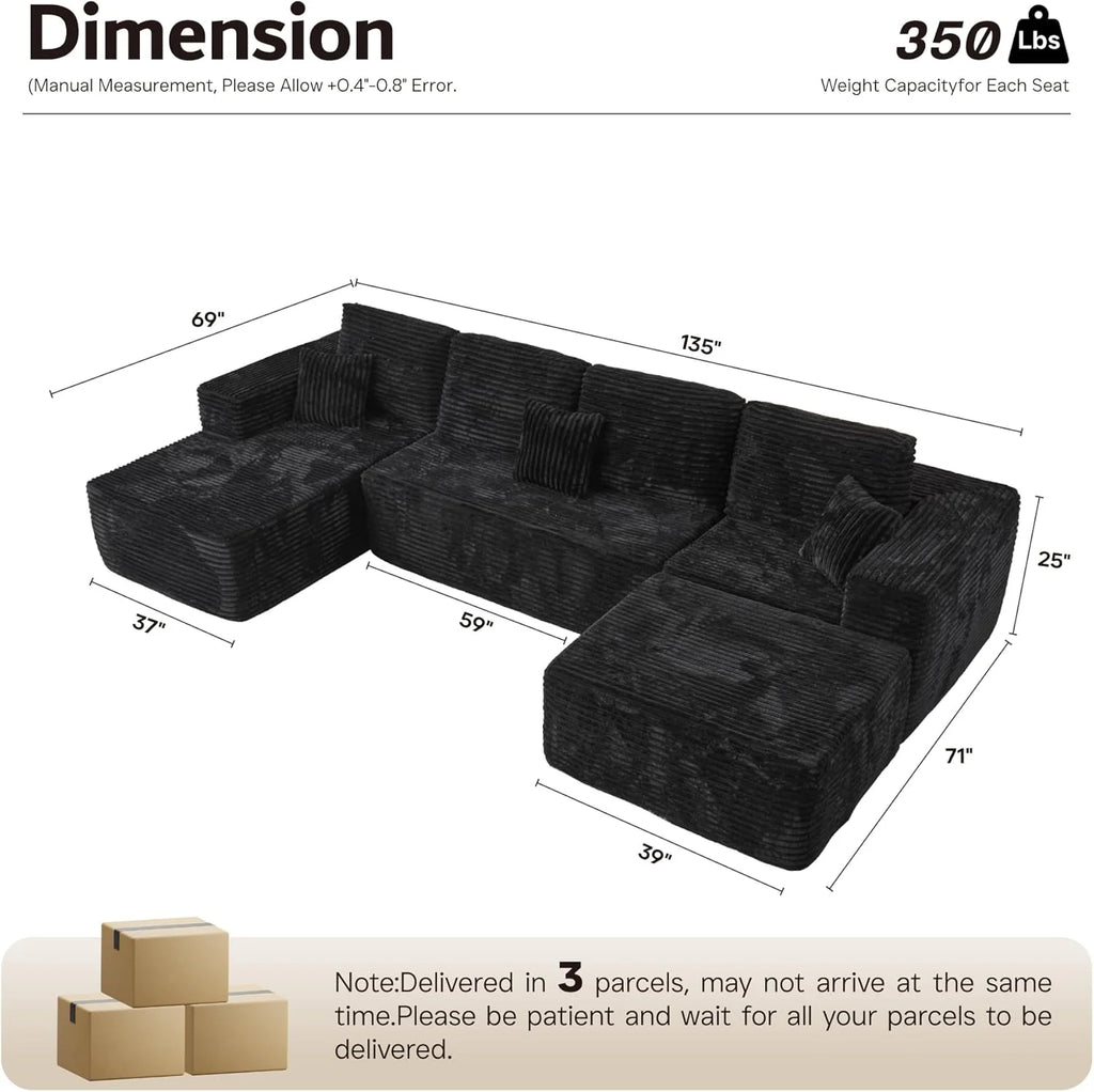 ovios 104 Cloud Sectional Couch with L-Shape Chaise,Modern Modular Sofa with Deep Seat, Upholstered Couches for Living Room Bedroom,No Assembly Required, Grey (Plush Corduroy Fabric)