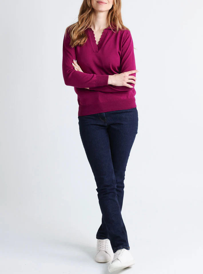 Pull col polo femme en laine mérinos violet
