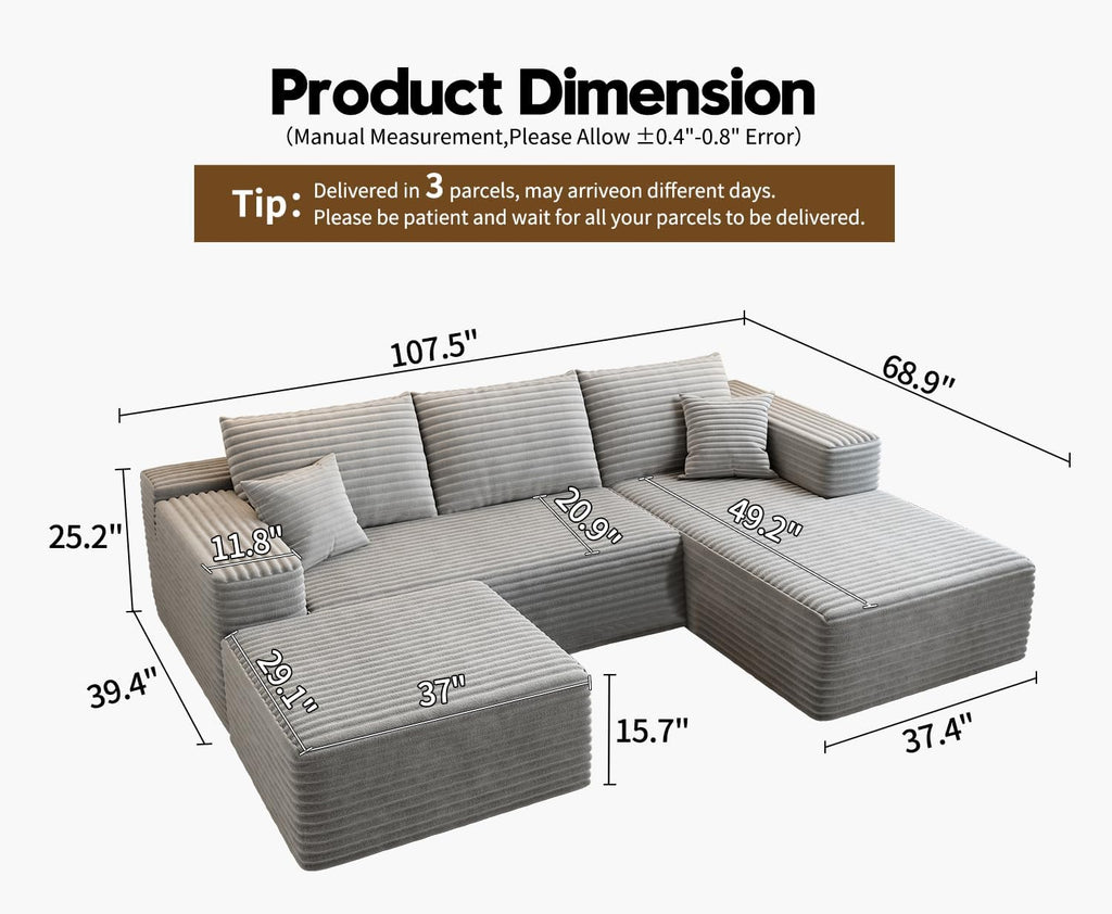 107.5 Cloud Modular Sectional Sofa Couch with L-Shape Chaise,Modern Minimalist Upholstered Couches for Living Room Bedroom,Deep Seat Corner Couch，No Assembly Required (Black,Left Facing Chaise)
