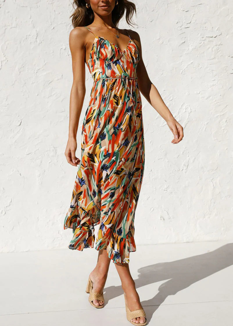 Sophie Paris | Robe sans manches à bretelles spaghetti en coton orange à volants