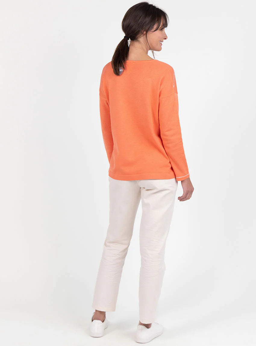 Pull femme col V en coton orange melon