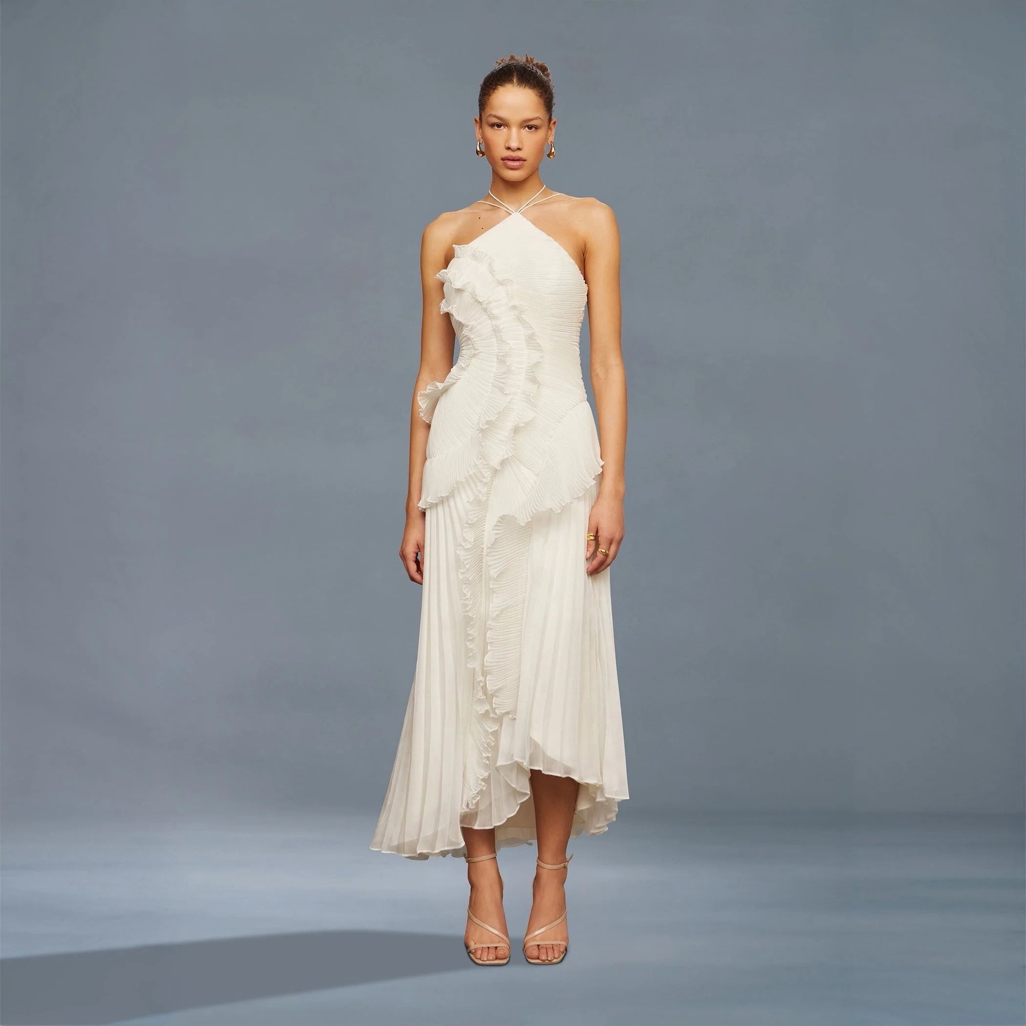 Robe mi-longue plissée blanche en forme de rose thé pour femmes