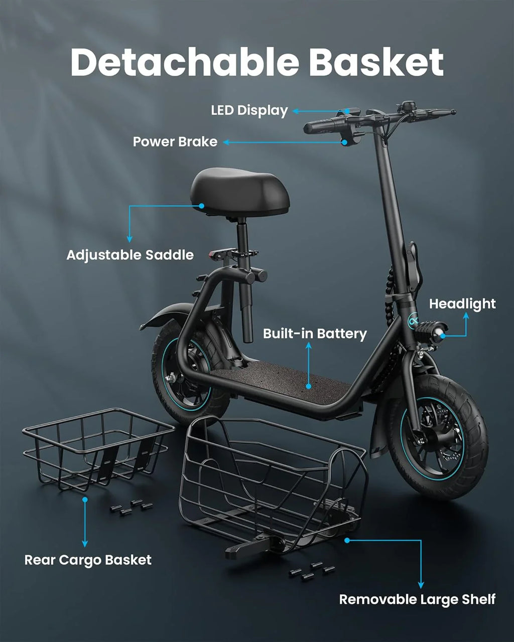 Gyroor Adult Electric Scooter with Large Center Basket 20 Mile Range Foldable and Seat