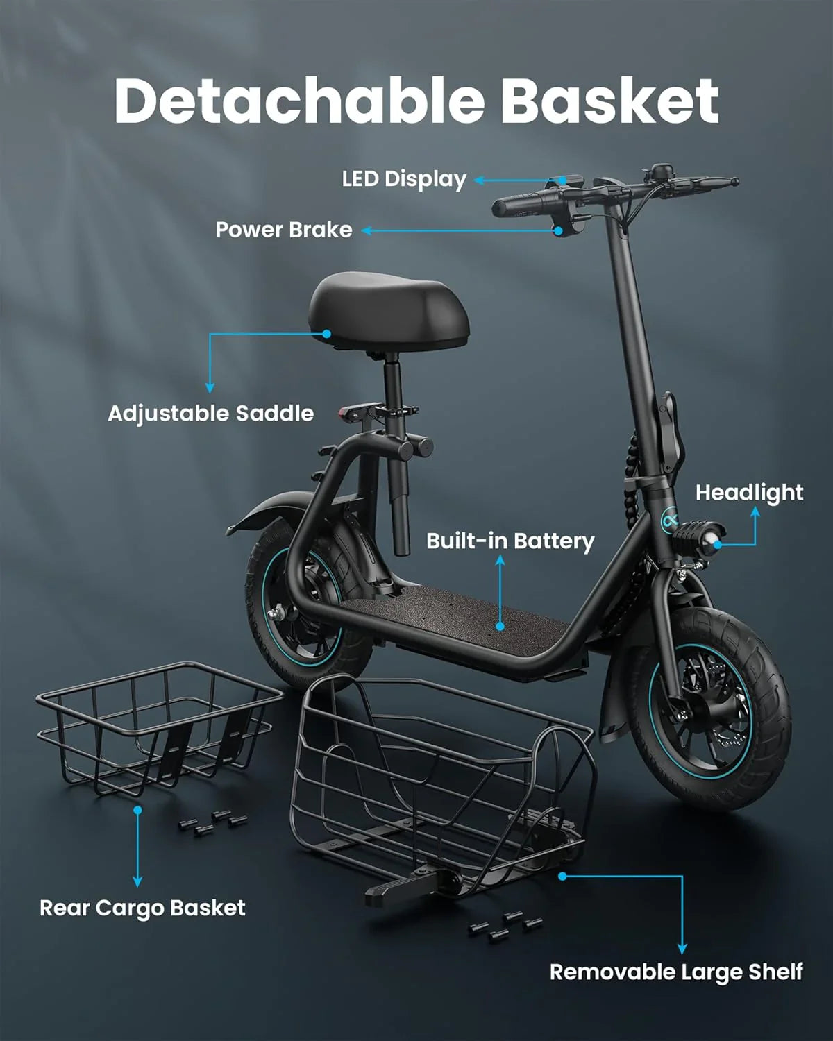 Gyroor Adult Electric Scooter with Large Center Basket 20 Mile Range Foldable and Seat