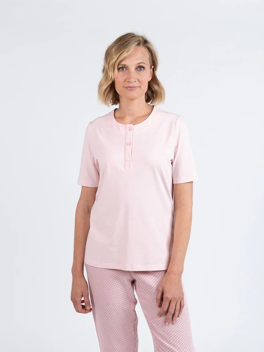Pyjama femme col rond en coton rose