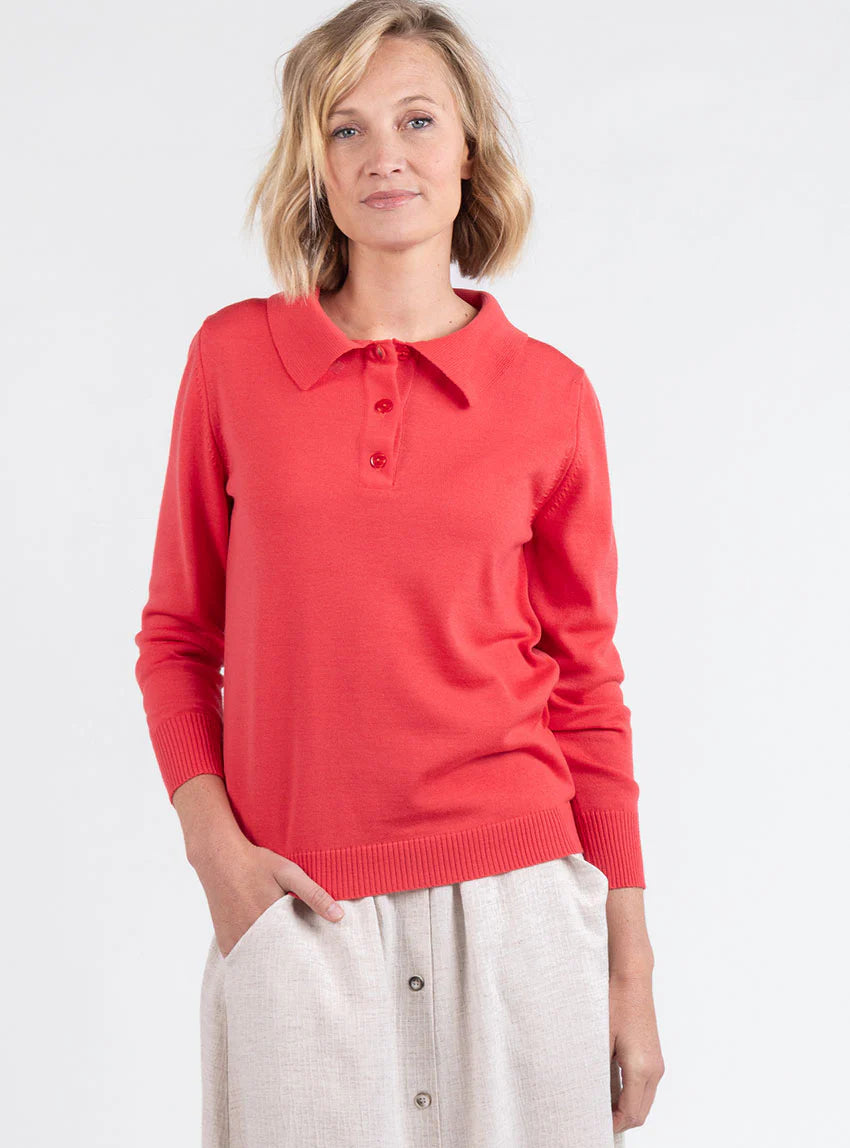 Pull femme col polo en laine rouge lumineux