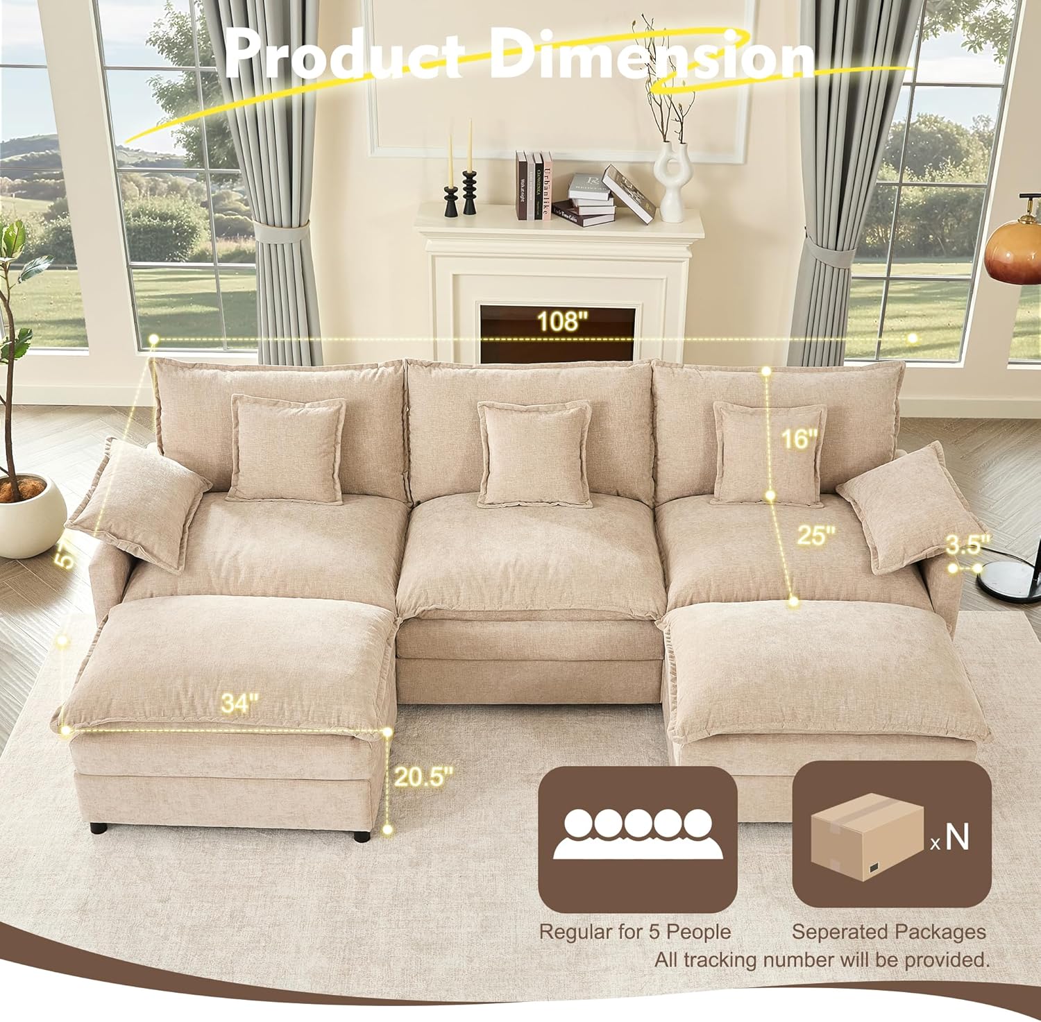 108 U Shaped Couch, Modular Sectional Sofa, 3-Seater Comfy Cloud Couch with Movable Ottoman, Deep Seat Couches for Living Room, Chenille, Slate