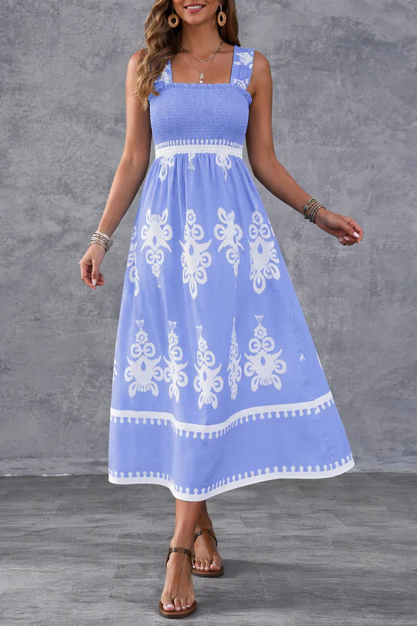 Robe Maxi Smockée à Imprimé Géométrique Artistique