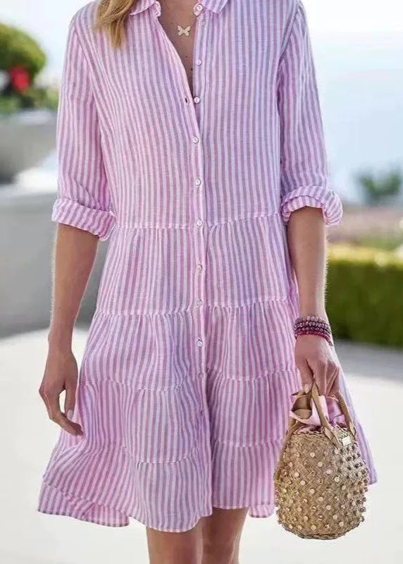 Sophie Paris | Robe chemise mi-longue décontractée à rayures et manches longues