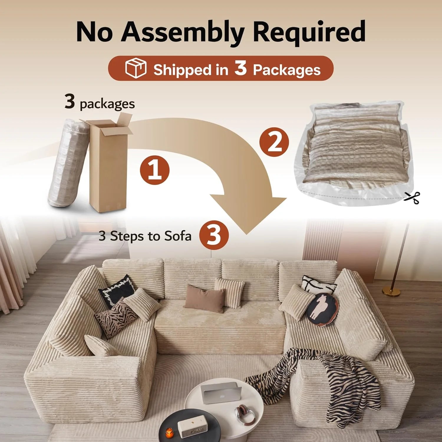 ovios 104 Cloud Sectional Couch with L-Shape Chaise,Modern Modular Sofa with Deep Seat, Upholstered Couches for Living Room Bedroom,No Assembly Required, Grey (Plush Corduroy Fabric)