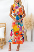 Robe maxi fleurie sans manches à col noué
