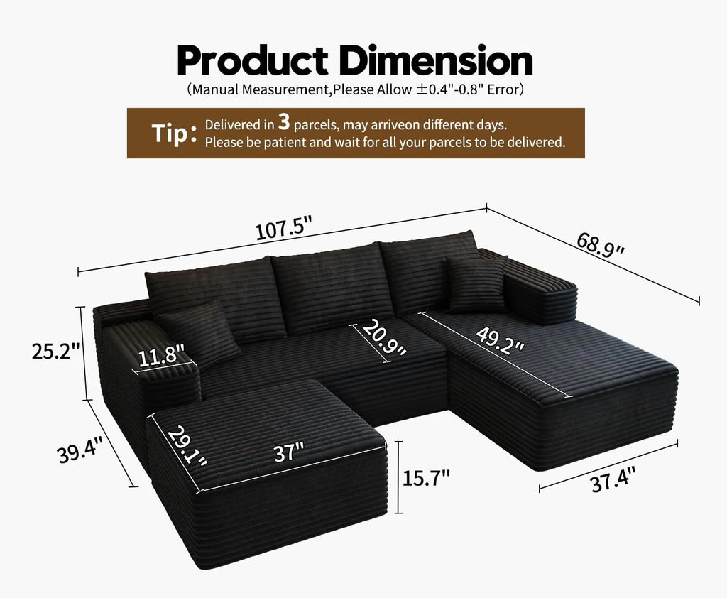 107.5 Cloud Modular Sectional Sofa Couch with L-Shape Chaise,Modern Minimalist Upholstered Couches for Living Room Bedroom,Deep Seat Corner Couch，No Assembly Required (Black,Left Facing Chaise)