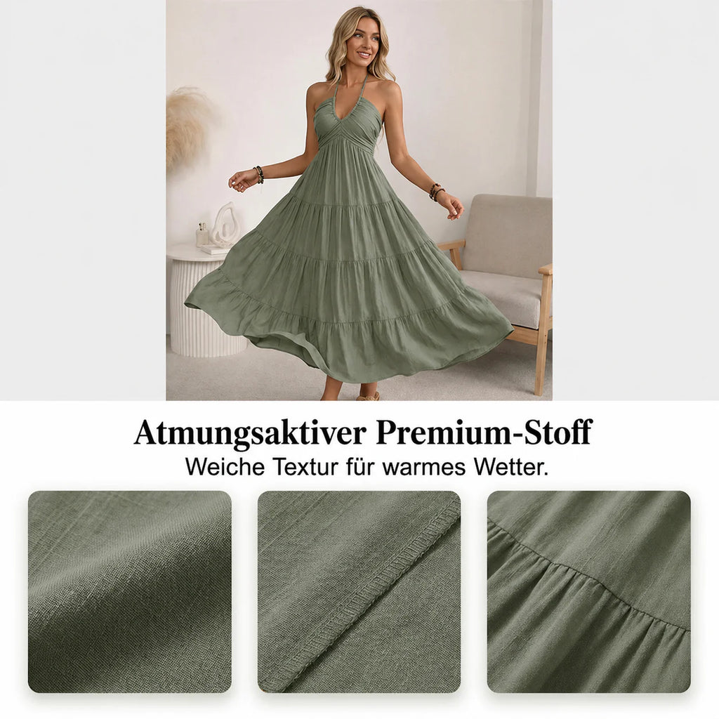 Robe longue dos nu à col halter avec drapés fluides