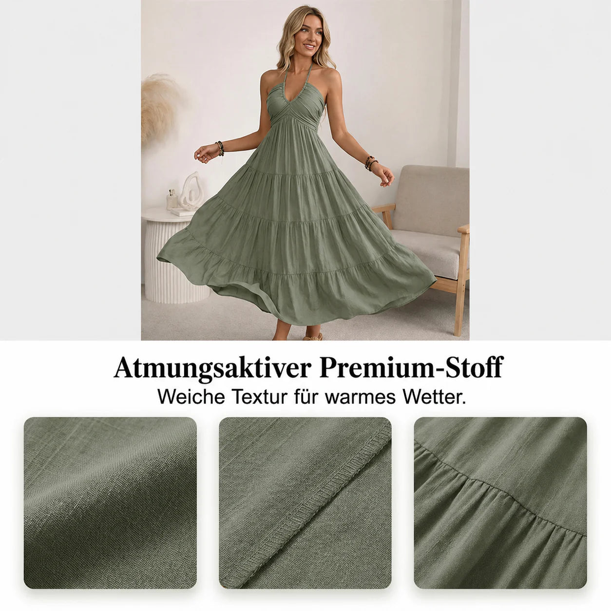Robe longue dos nu à col halter avec drapés fluides