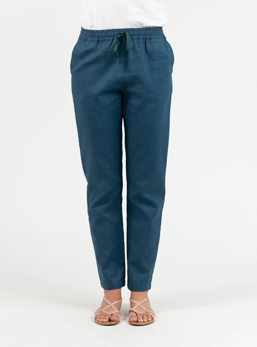 Pantalon femme en lin et coton bleu paon