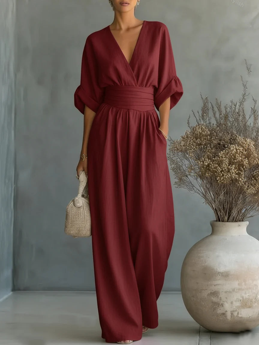 Combinaison élégante à col en V, taille haute et coupe ample