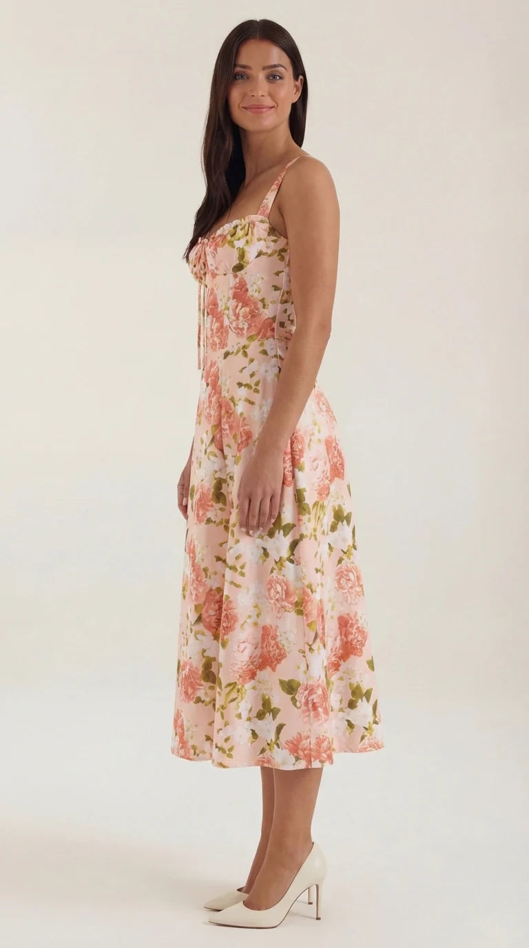 Robe midi fleurie pour femmes, idéale pour les invitées de mariage