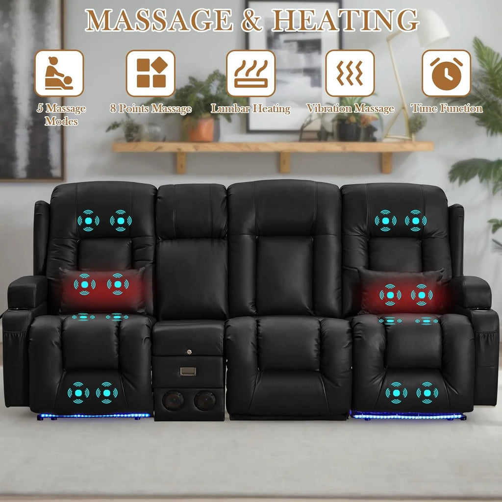 TUNYI Power Loveseat Recliner Sofa with Massage & Heat Home Theater Seating with Console Electric Recliner RV Sofa with USB/Outlet/Storage/Side Pocket/LED Light/Speaker (Brown, Loveseat)