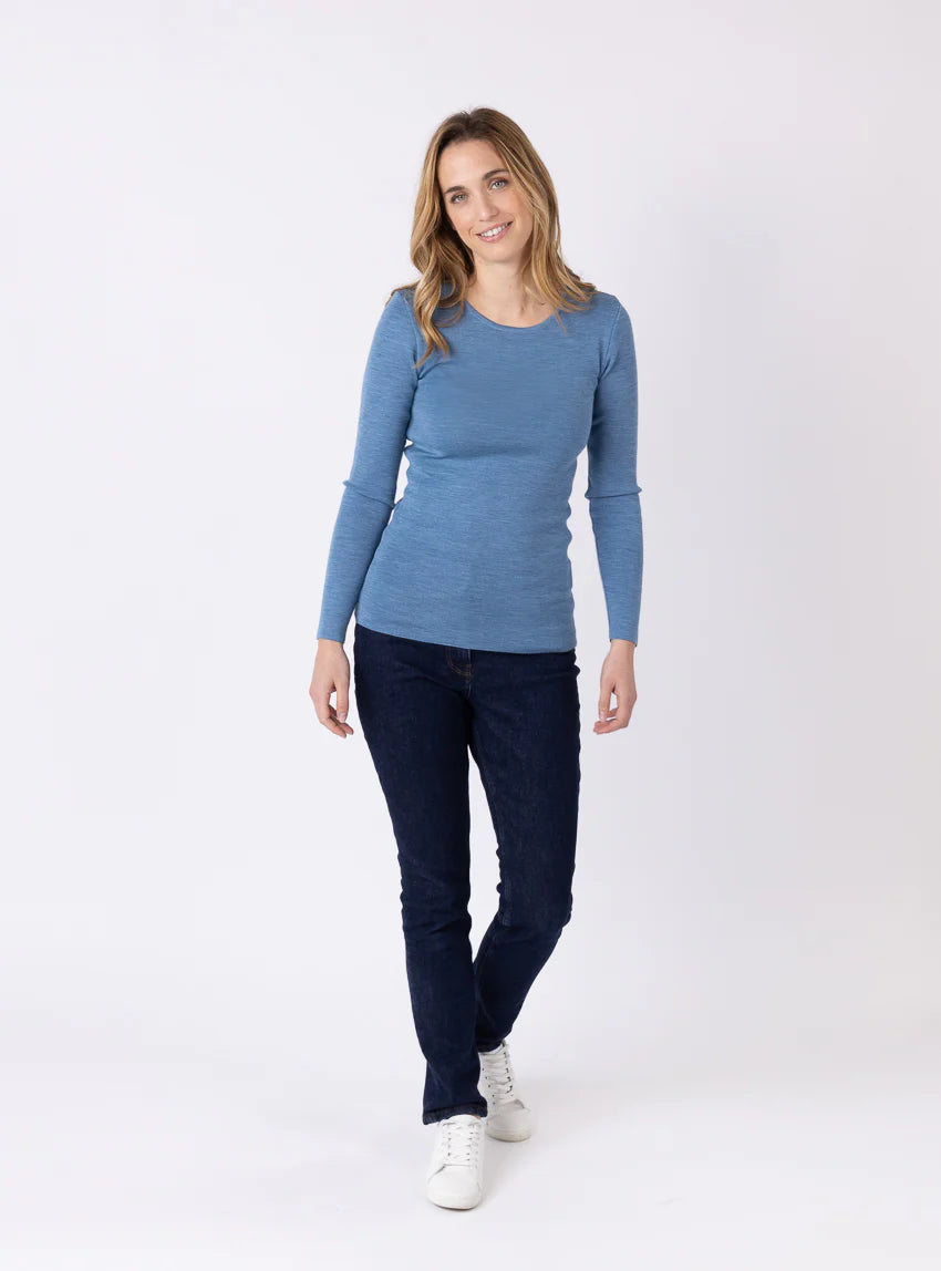Tee-shirt thermique manches longues femme en laine merinos bleu nordique