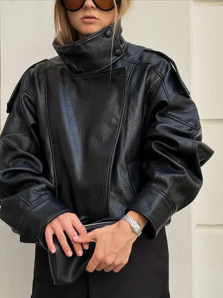 Veste en cuir asymétrique à col montant pour femmes