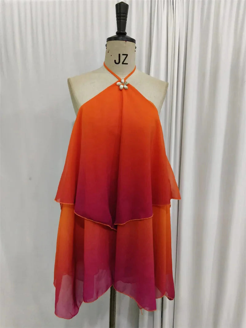 Robe courte à volants dégradé rose