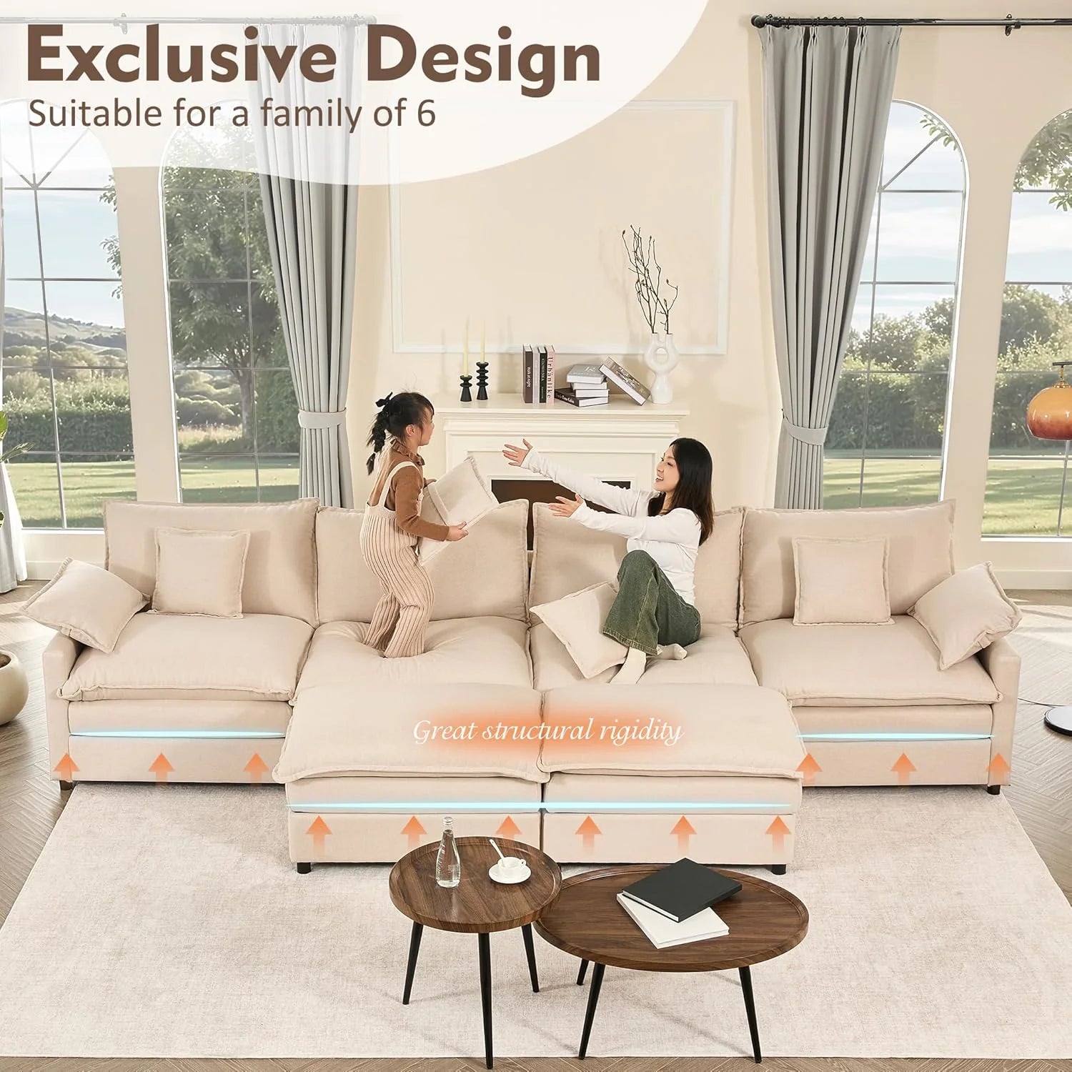 108 U Shaped Couch, Modular Sectional Sofa, 3-Seater Comfy Cloud Couch with Movable Ottoman, Deep Seat Couches for Living Room, Chenille, Slate