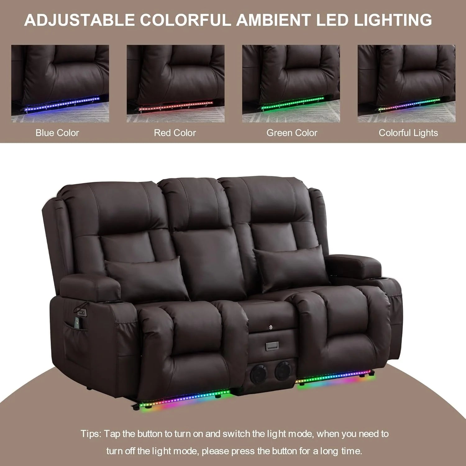 TUNYI Power Loveseat Recliner Sofa with Massage & Heat Home Theater Seating with Console Electric Recliner RV Sofa with USB/Outlet/Storage/Side Pocket/LED Light/Speaker (Brown, Loveseat)