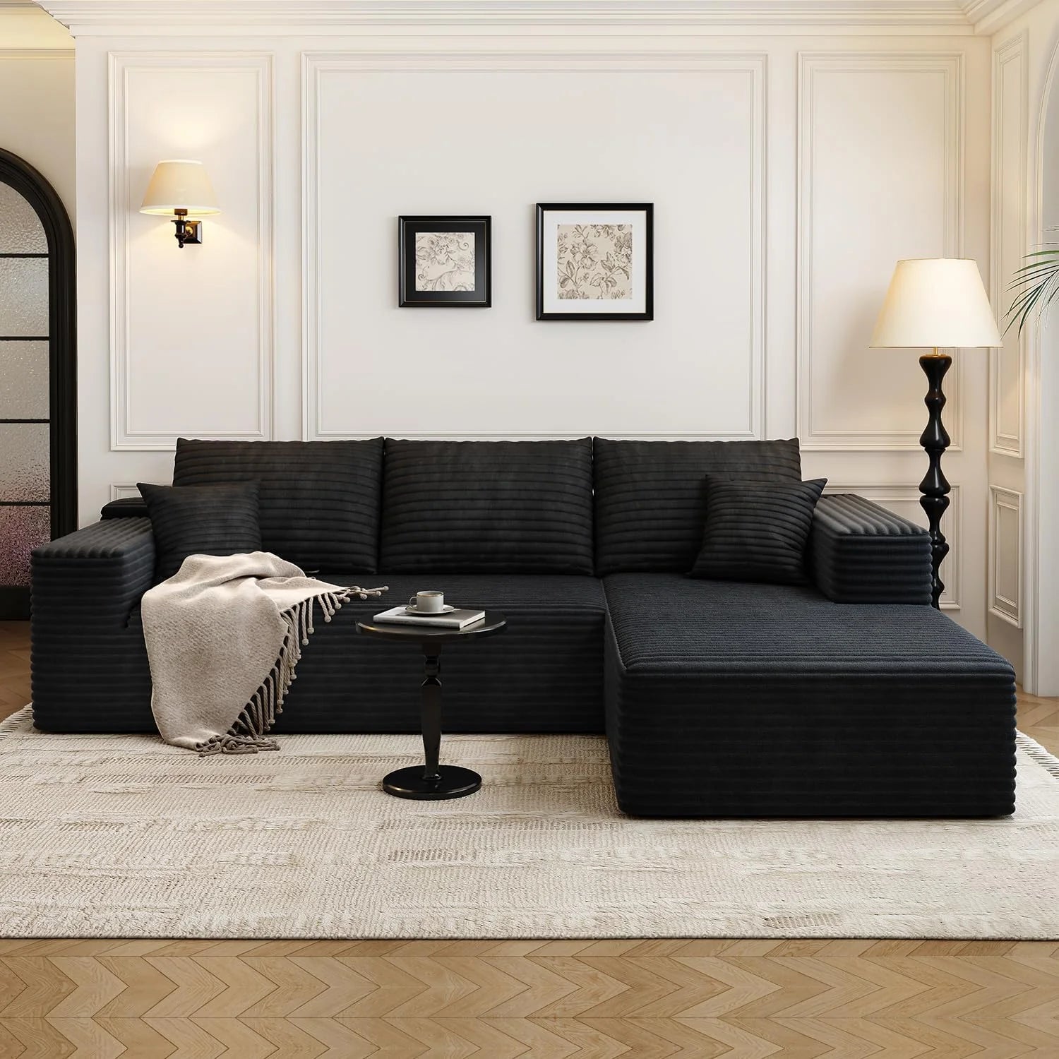 107.5 Cloud Modular Sectional Sofa Couch with L-Shape Chaise,Modern Minimalist Upholstered Couches for Living Room Bedroom,Deep Seat Corner Couch，No Assembly Required (Black,Left Facing Chaise)