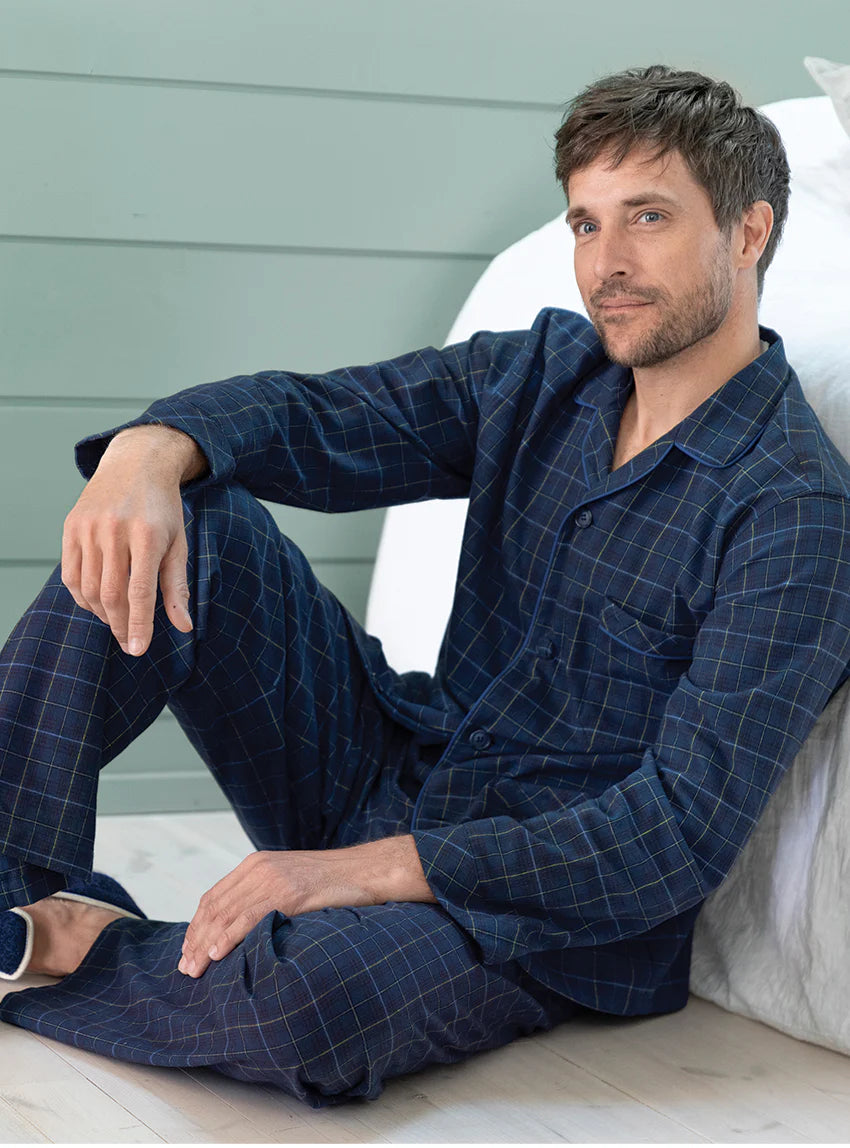 Pyjama chaud homme en coton carreaux bleu nuit